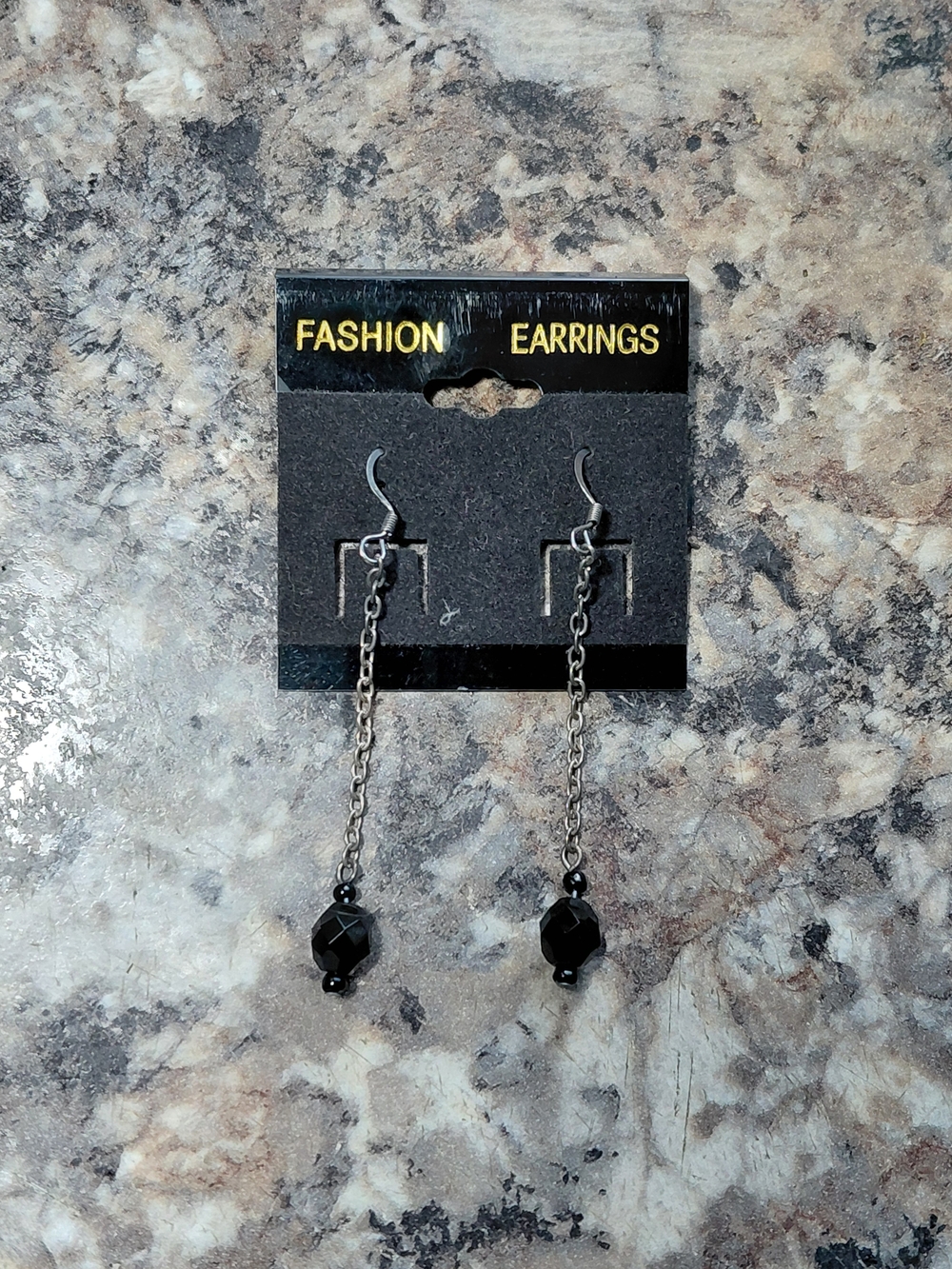 Vintage Metal Chain with Faceted Black Gemstone Dangle Earrings